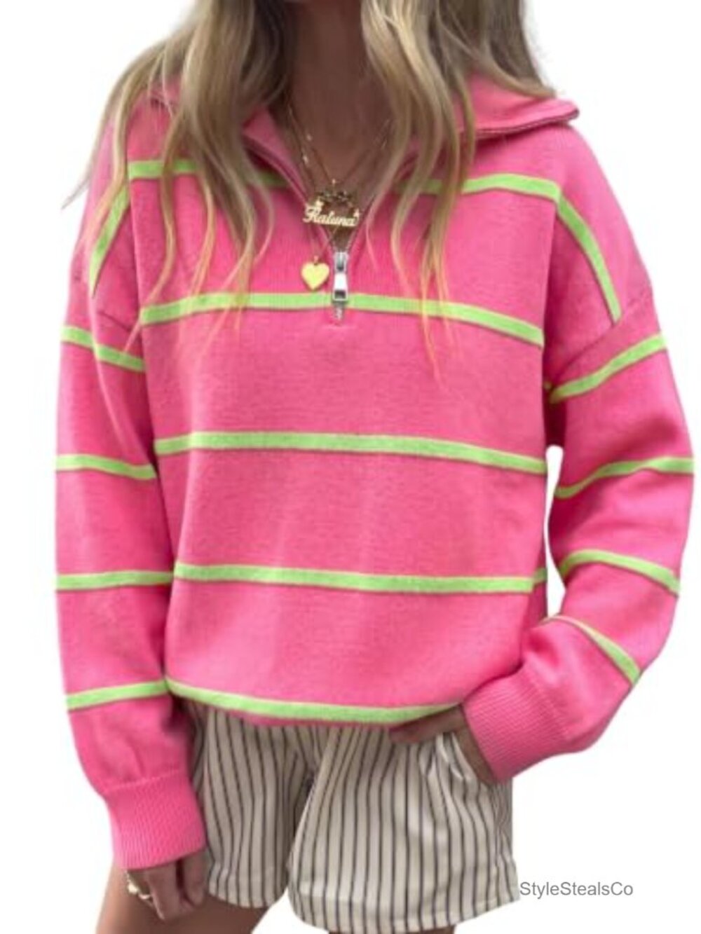 Womens Quarter Zip Striped Knit Sweater Oversized Pullover Tops